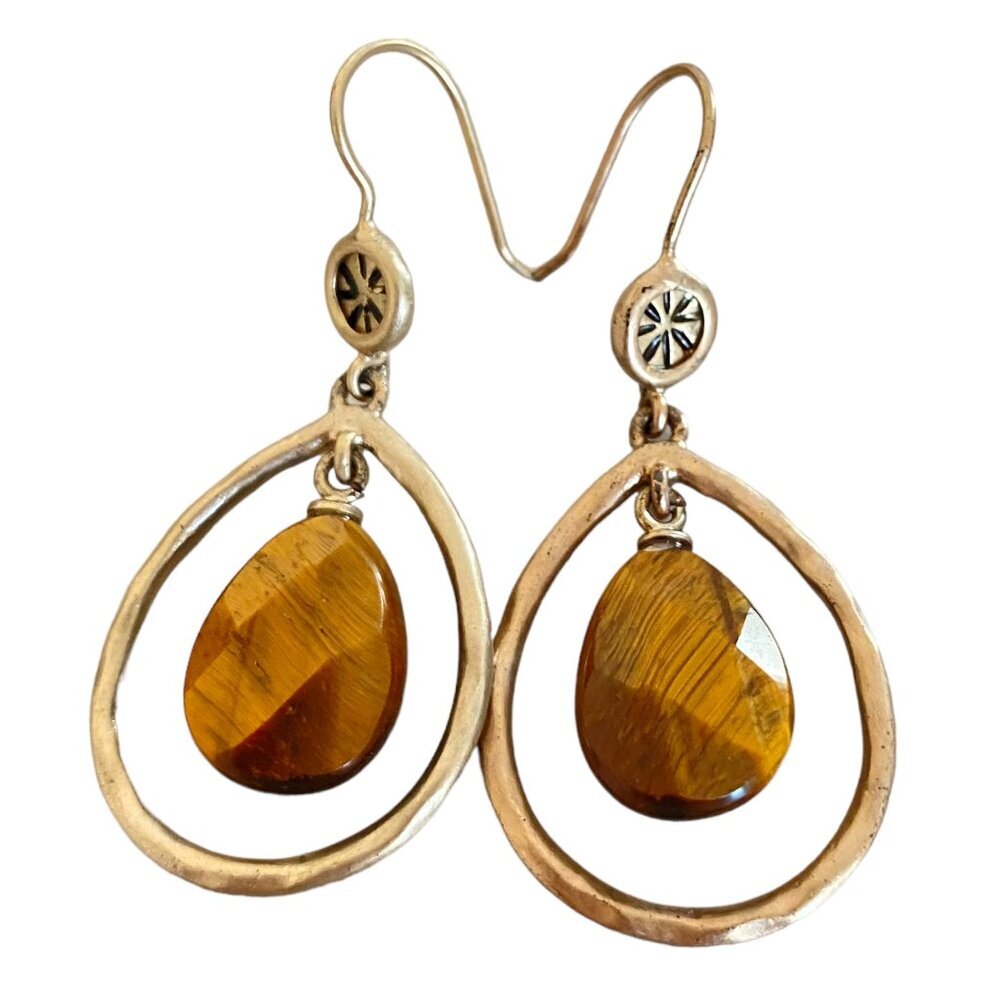 Drop Earrings Genuine Faceted Tiger Eye Drop Gold Tone Minimal Kinetic
